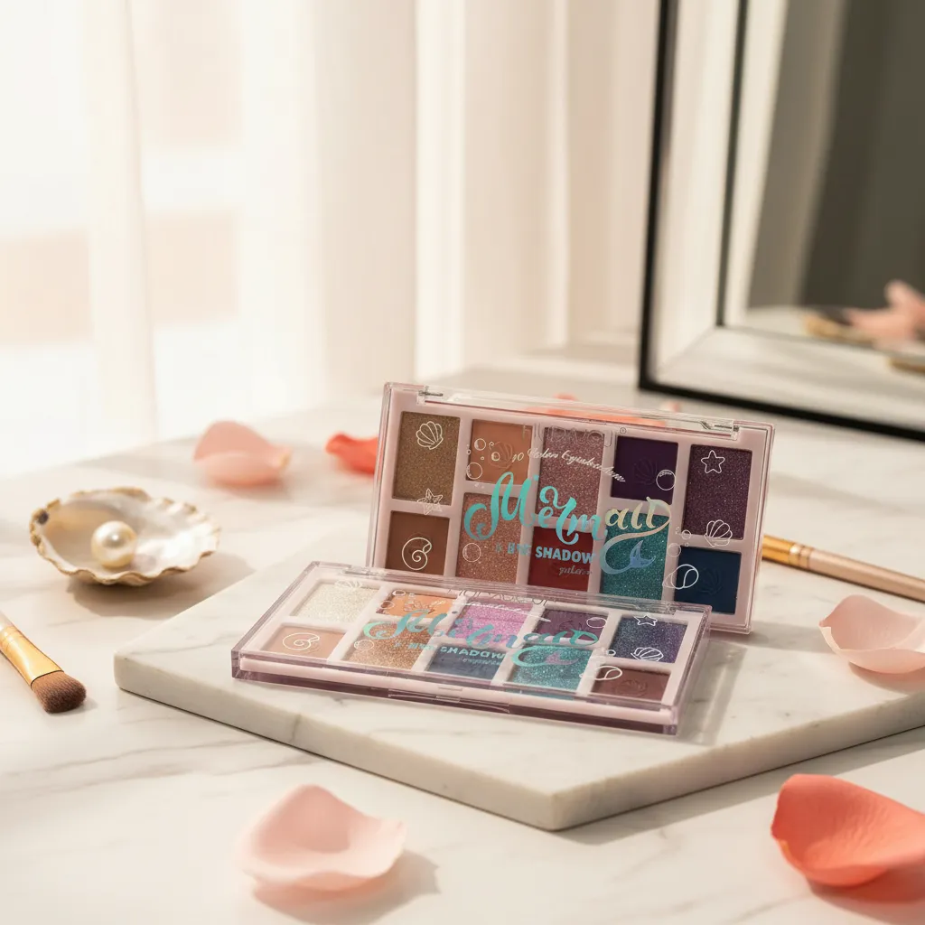 Dos paletas de sombras Mermaid de 10 colores en tonos claros y oscuros sobre mesa con pétalos