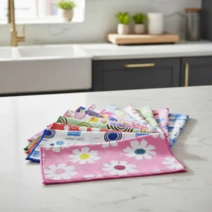 Paños Absorbentes de Microfibra Estampados 30x30cm Docena Paños de microfibra estampados de colores en abanico sobre mesón de cocina