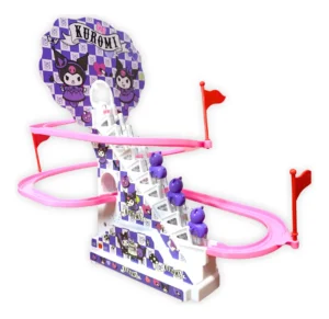 Pista de escalera Kuromi con pista rosa en espiral, banderas rojas y tres figuras moradas