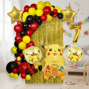 Arco de globos Pokémon Pikachu en rojo, amarillo y negro con cortina metalizada dorada