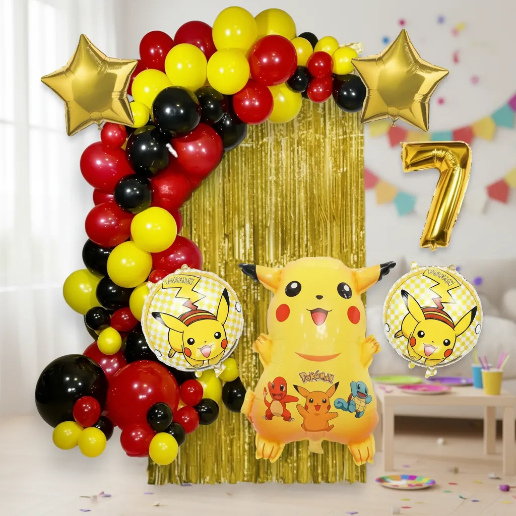Arco de globos Pokémon Pikachu en rojo, amarillo y negro con cortina metalizada dorada