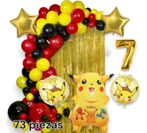 Set de arco de globos Pikachu Pokémon 73 piezas con estrellas y número dorado