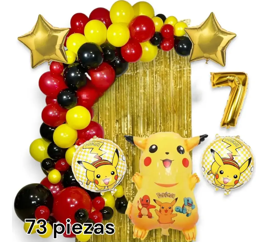 Set de arco de globos Pikachu Pokémon 73 piezas con estrellas y número dorado