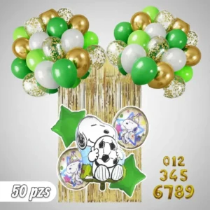 Set de globos Snoopy 50 piezas con estrellas verdes, globos redondos y números dorados