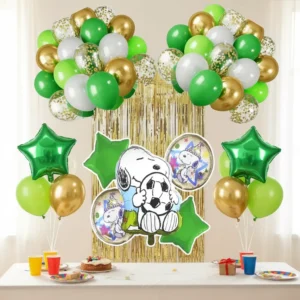 Combo de globos Snoopy Charlie Brown en verde, blanco y dorado con cortina metalizada