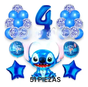 Set de 51 globos de Stitch con figura gigante, número azul y globos con confeti