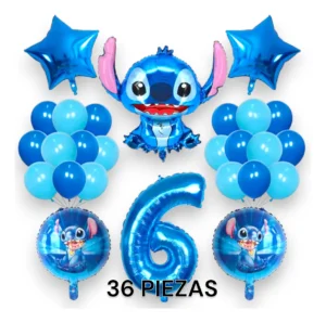 Set de globos Stitch con figura gigante, número 6 y globos látex azul para fiesta temática