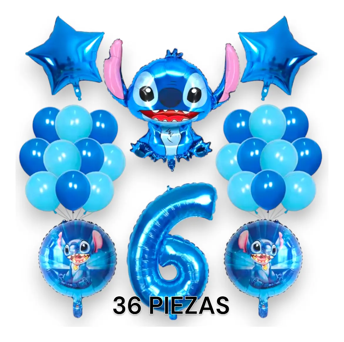 Set de globos Stitch con figura gigante, número 6 y globos látex azul para fiesta temática