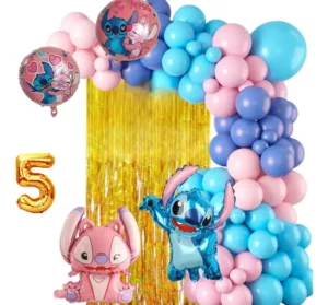Arco de globos rosa y azul con figuras de Stitch y Angela para fiesta temática