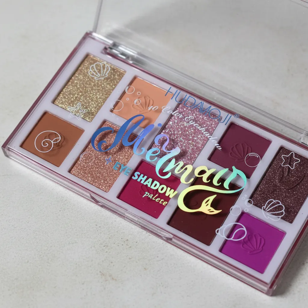 Paleta de sombras Mermaid en tonos dorado, coral, vino y fucsia con acabados mate y brillante