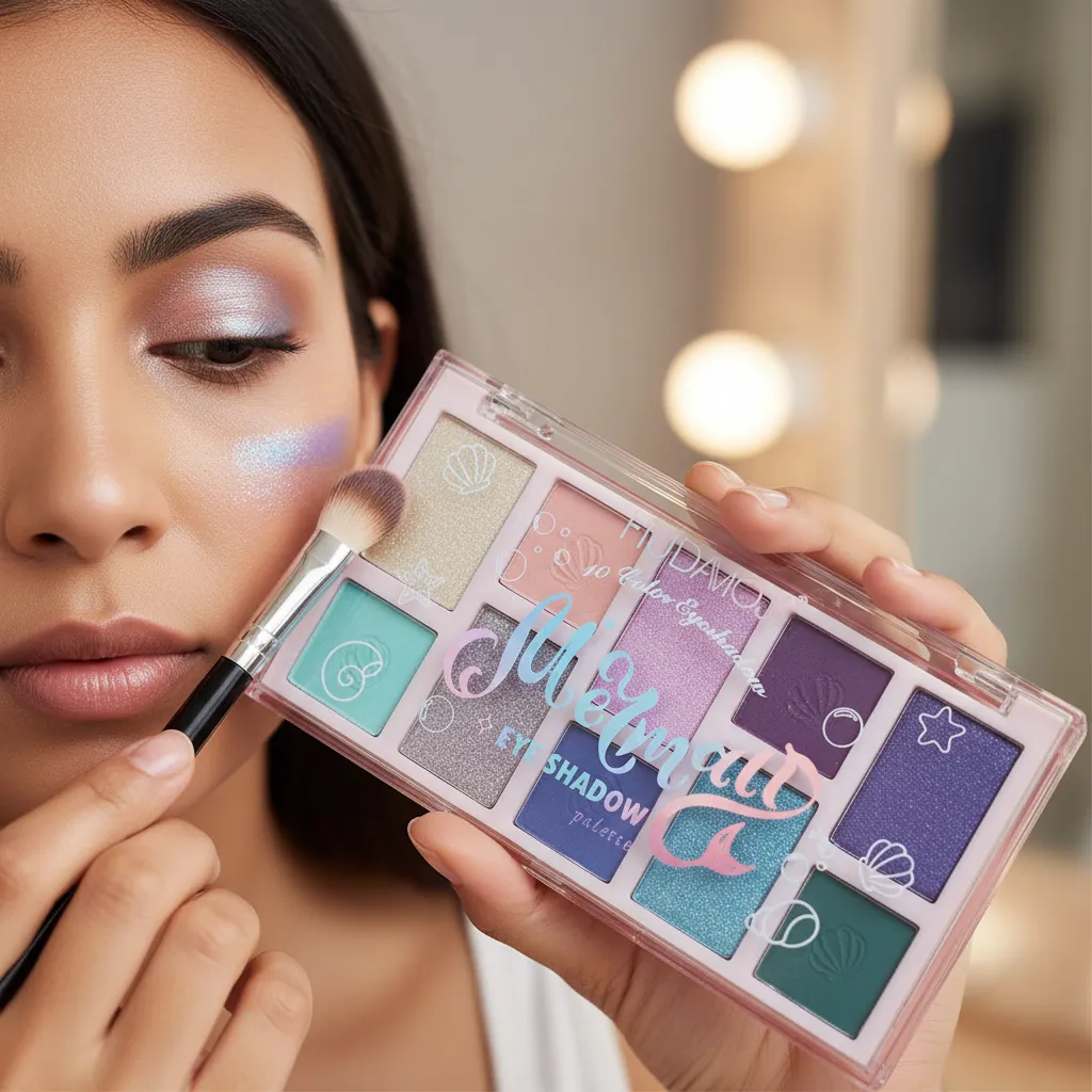 Mujer aplicándose sombra de la paleta Mermaid Eyeshadow de 10 colores con brocha