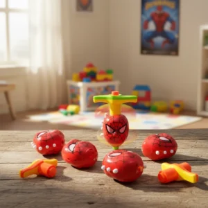 Trompo automático diseño Spiderman en varias piezas rojas sobre mesa de madera