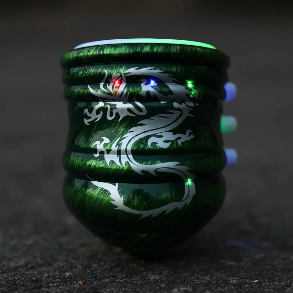 Trompo diseño dragón en color verde con luces LED encendidas en la oscuridad
