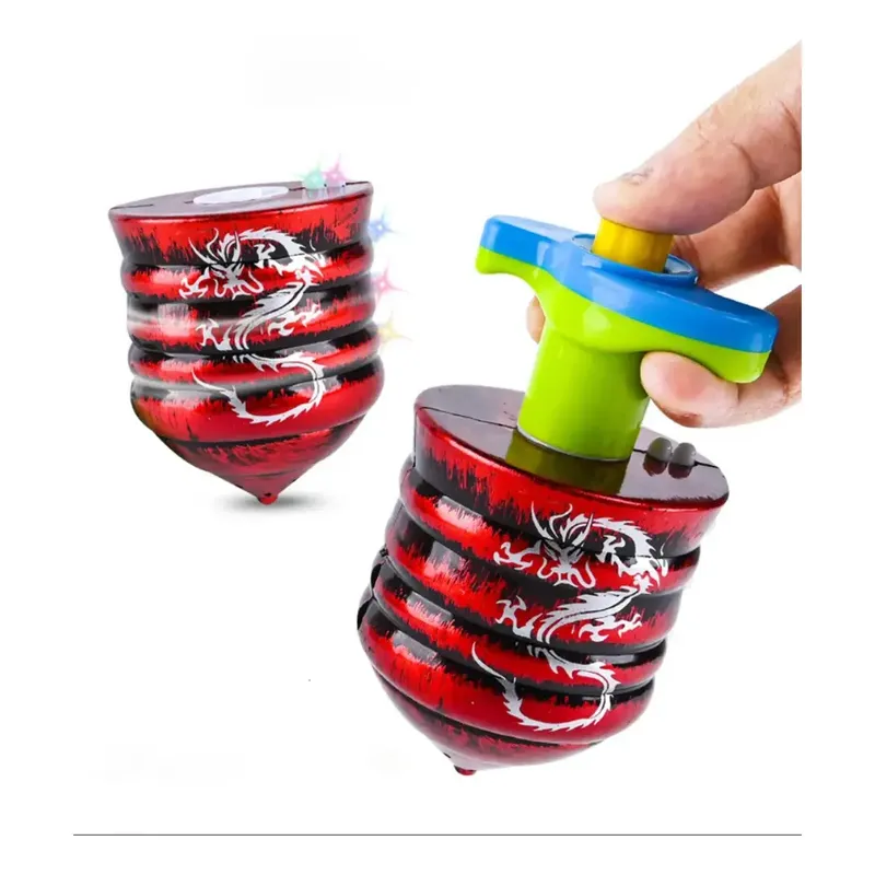 Trompo diseño dragón en rojo y negro con lanzador verde y azul, encendido con luces de colores