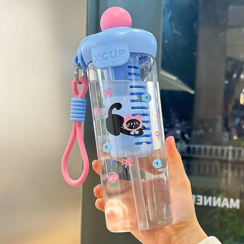 Termo cooler azul con infusor de sabores, diseño de gatito y colgante de silicón
