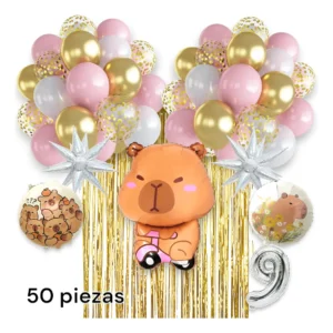Arco de globos capibara en rosa, dorado y blanco con estrellas plateadas y número 9