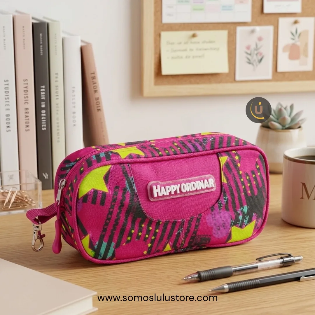 Cartuchera escolar fucsia con estrellas amarillas y rayas negras junto a libros y lápices